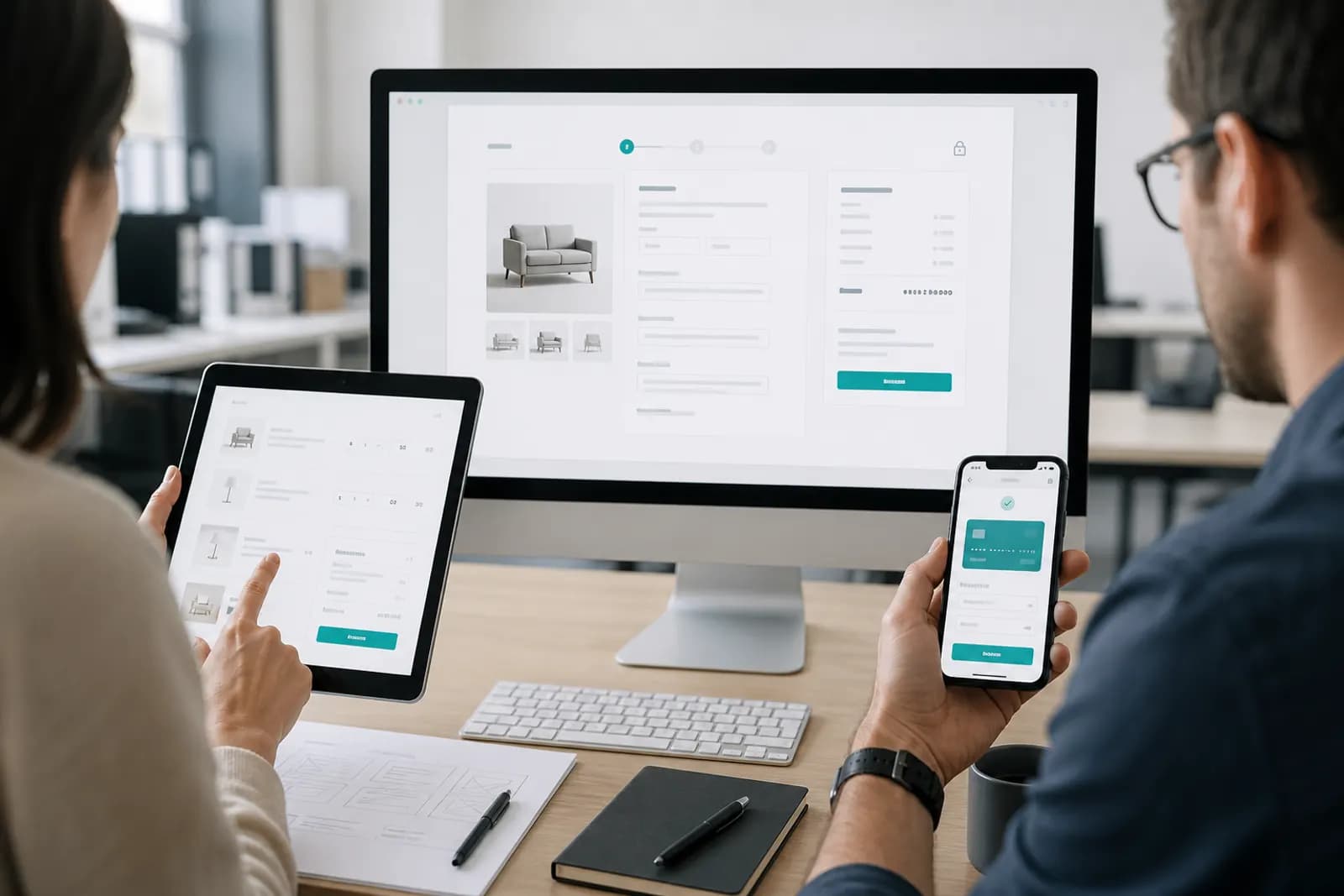 E-commerce checkout being tested across desktop tablet and mobile