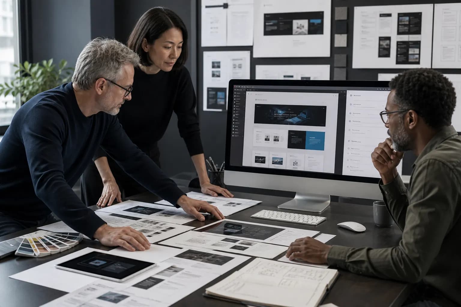 A senior design team reviewing responsive website interfaces and a polished design system