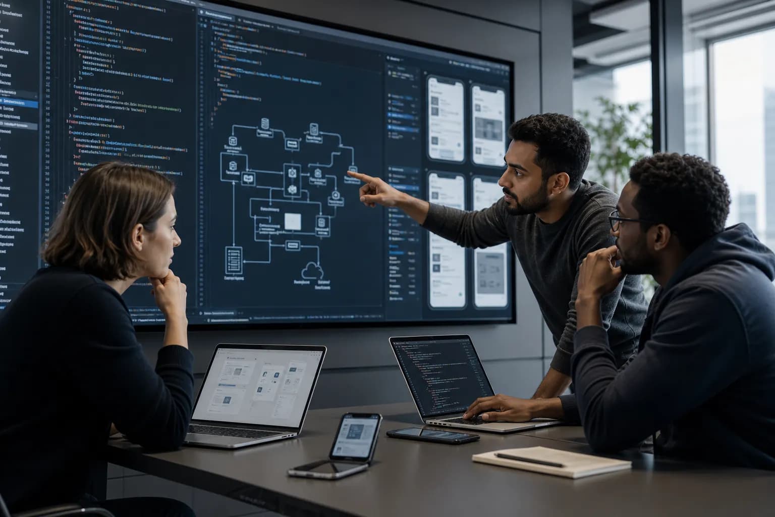 Software engineers reviewing code, application screens and integration architecture