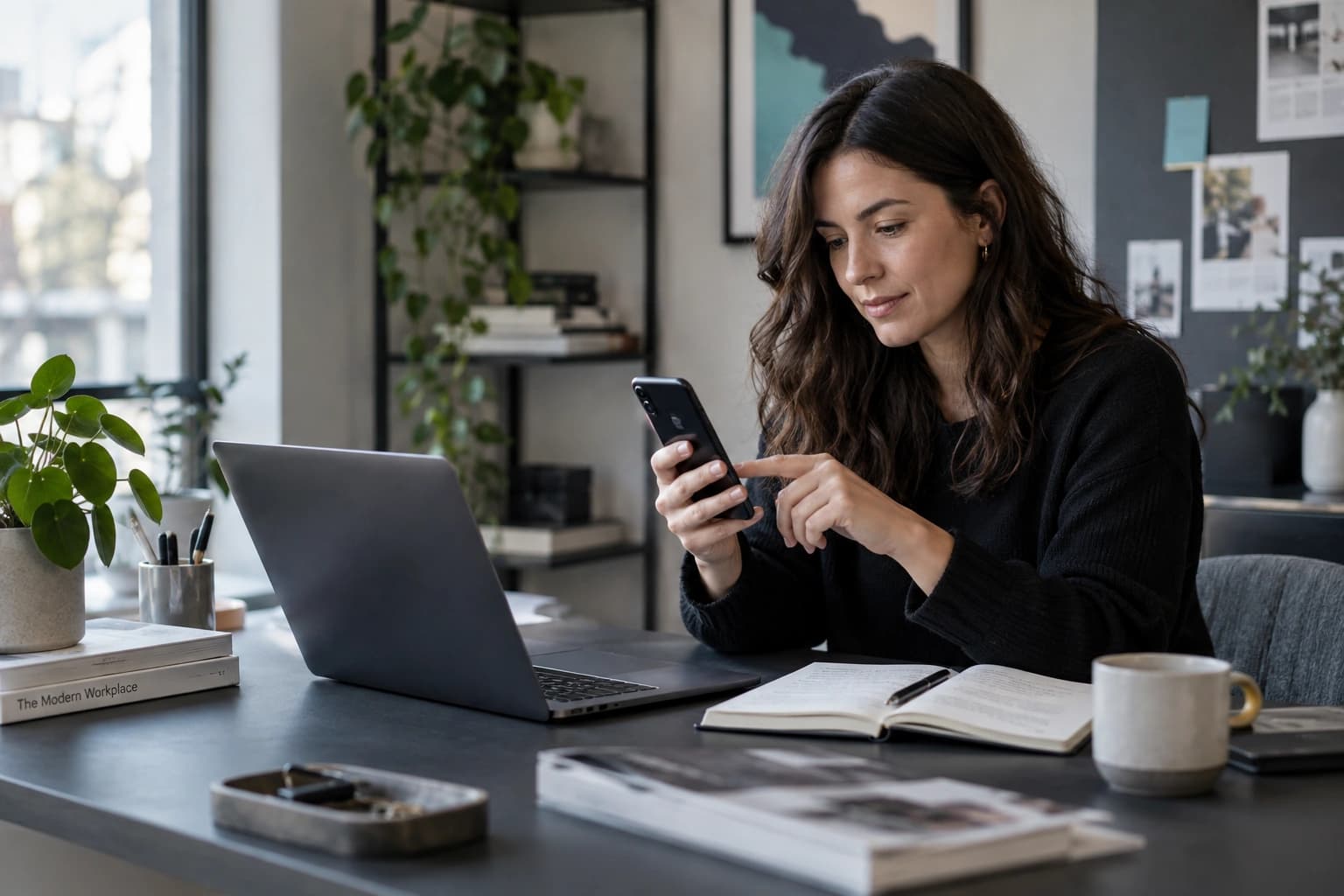 Advertising analyst checking a landing-page form on a phone beside a laptop