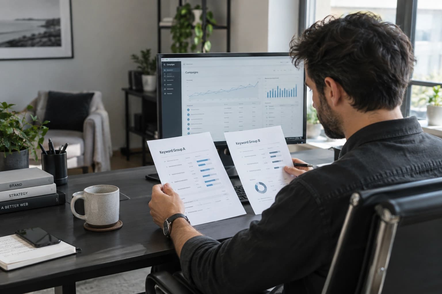 Paid search specialist reviewing keyword groups beside a campaign interface