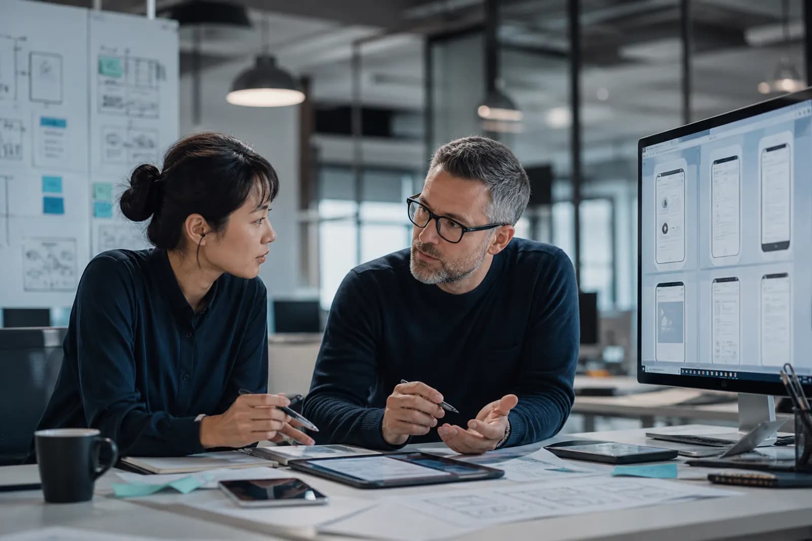 Senior engineer and designer reviewing an early application prototype