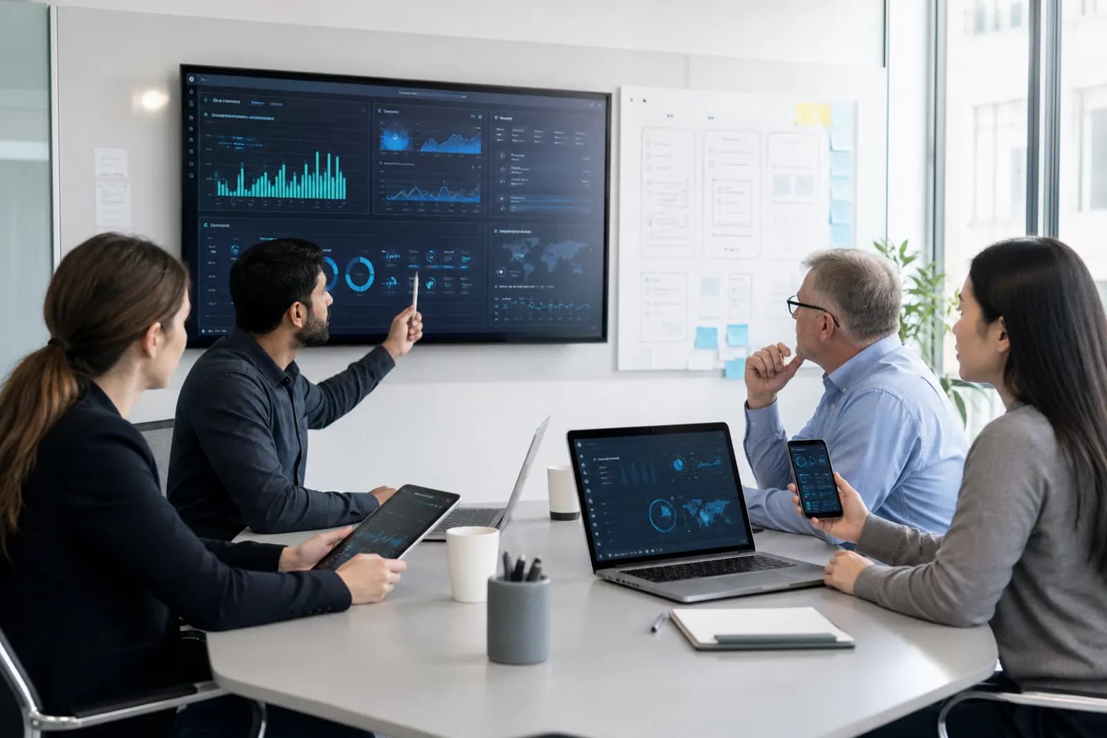 Cross-functional team reviewing application release readiness and monitoring
