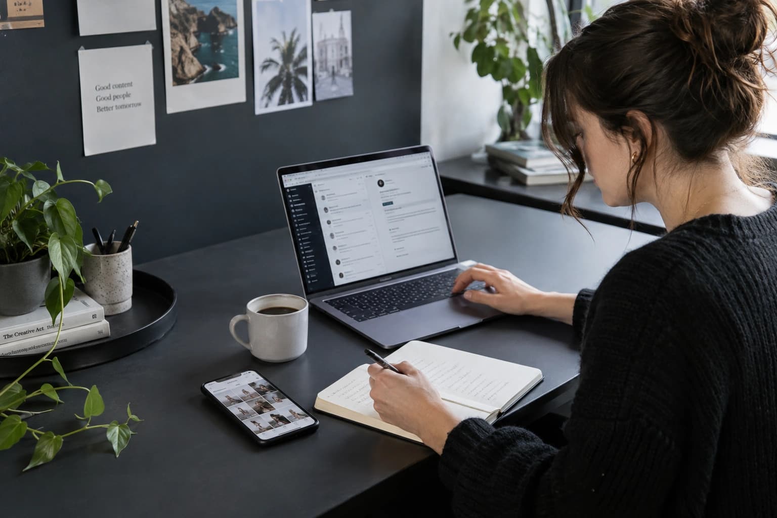 Social media manager reviewing messages and making response notes