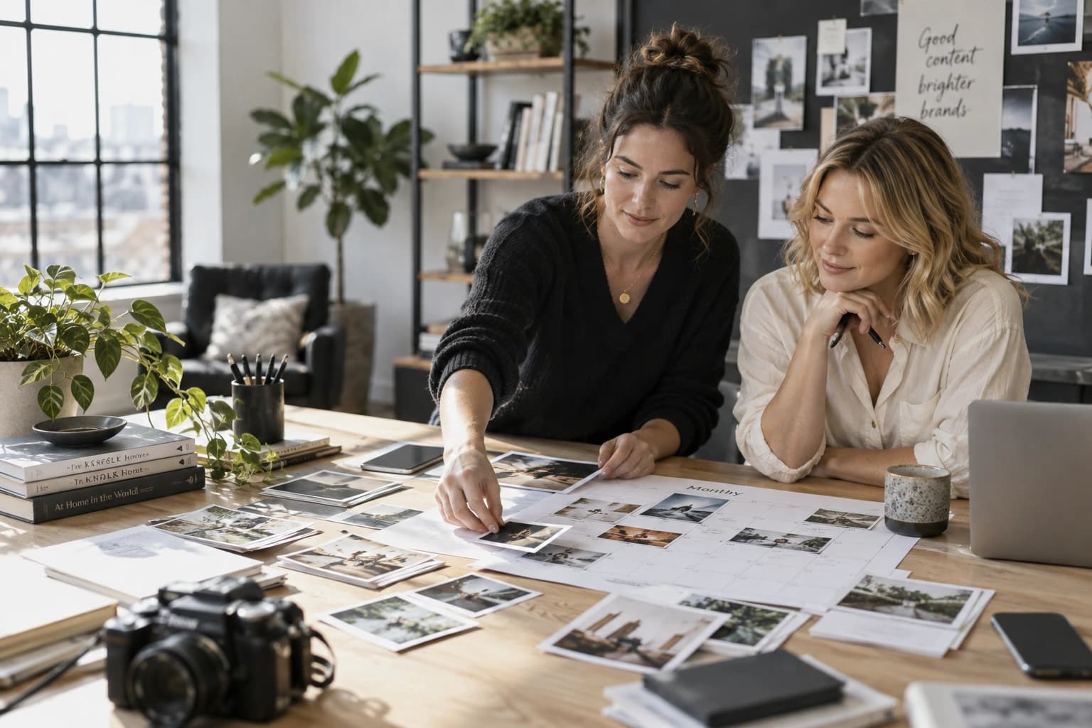 Social content editors arranging product photographs and an editorial calendar