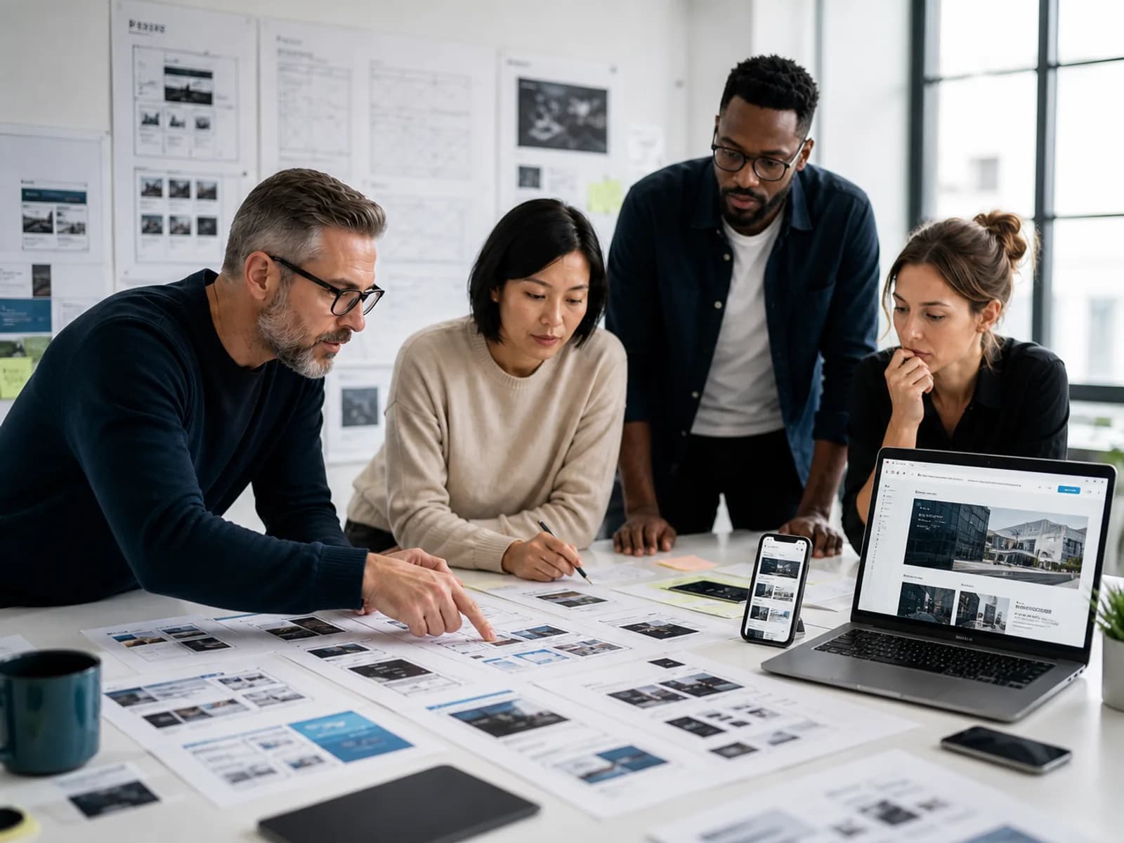 Website design team planning the structure of a responsive business website