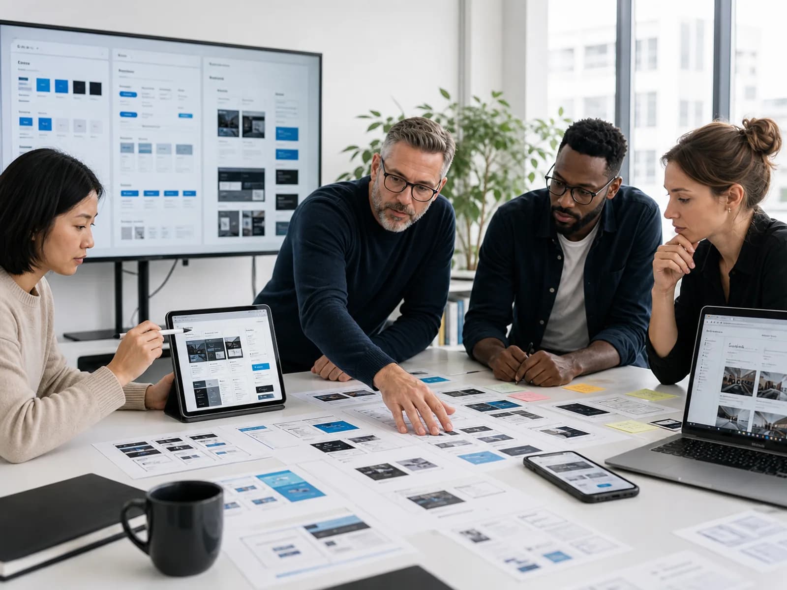 UX designers reviewing responsive website layouts and reusable interface components