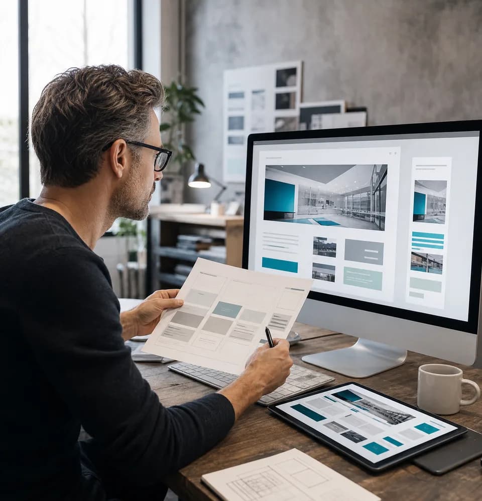 Website designer reviewing interface layouts and wireframes
