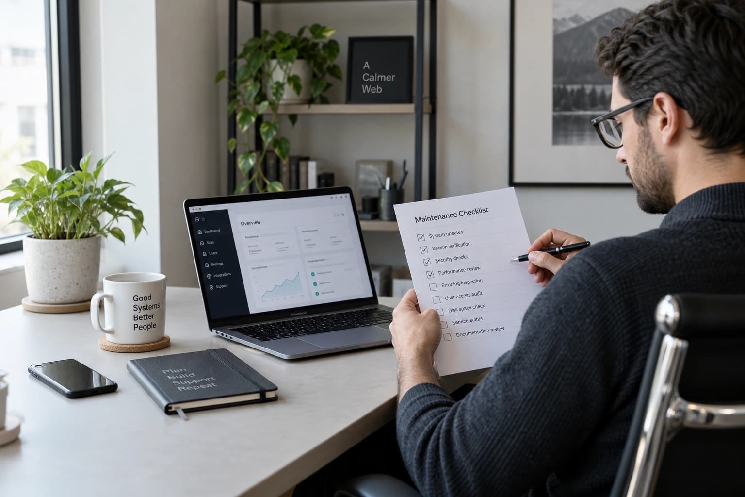 Web support engineer reviewing a maintenance checklist beside a website dashboard