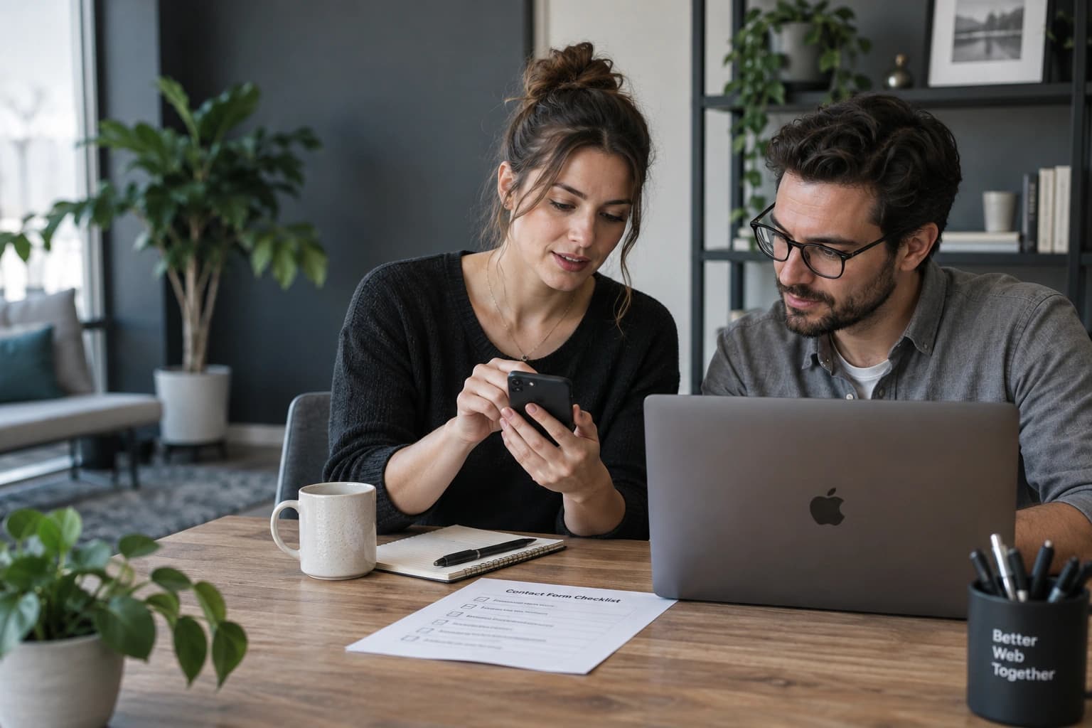 Website support specialists testing a form across a phone and laptop