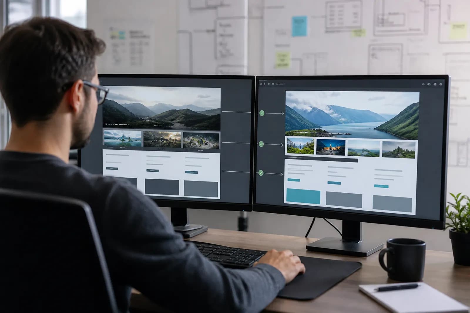 Developer comparing existing and replacement website structures during migration QA