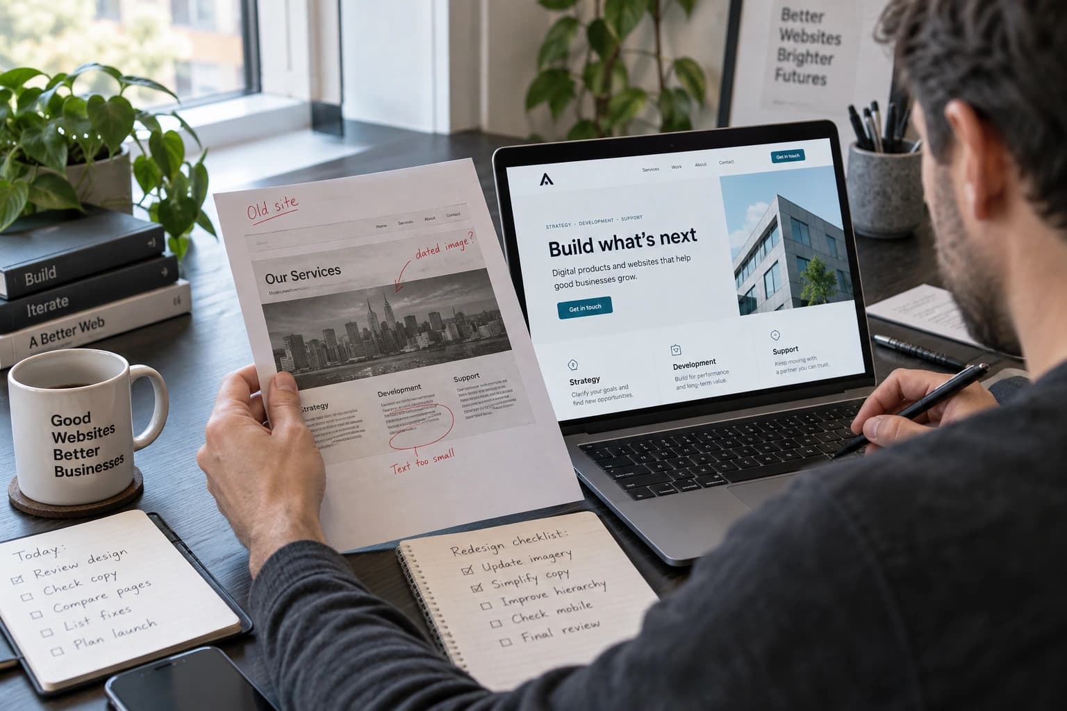 Developer comparing a printed historical website capture with a reconstructed page