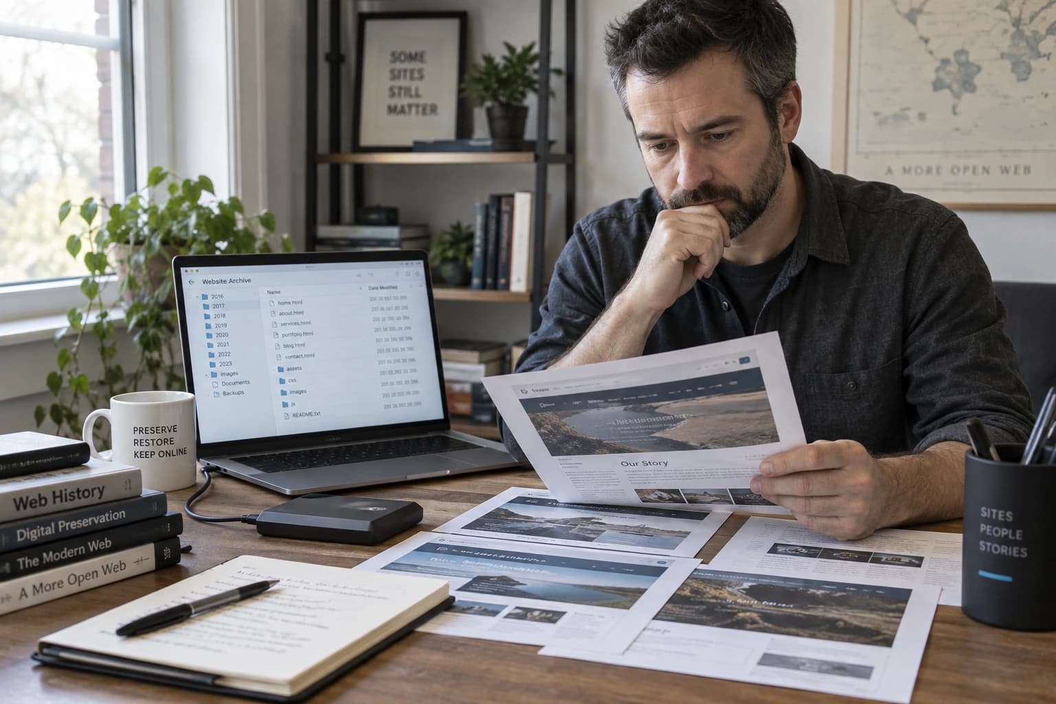 Website restoration specialist examining historical page prints and a file inventory