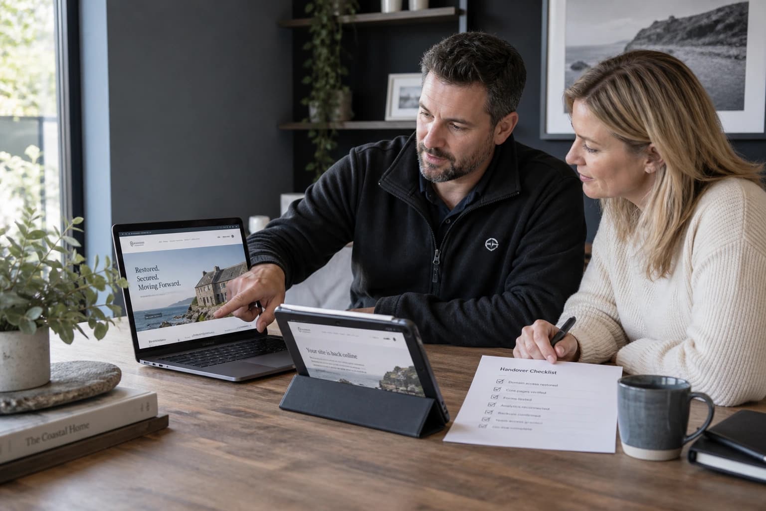 Engineer and business owner reviewing recovered pages across a laptop and tablet
