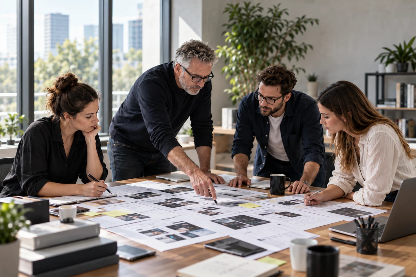 Digital professionals reviewing website structures and interface concepts around a shared table