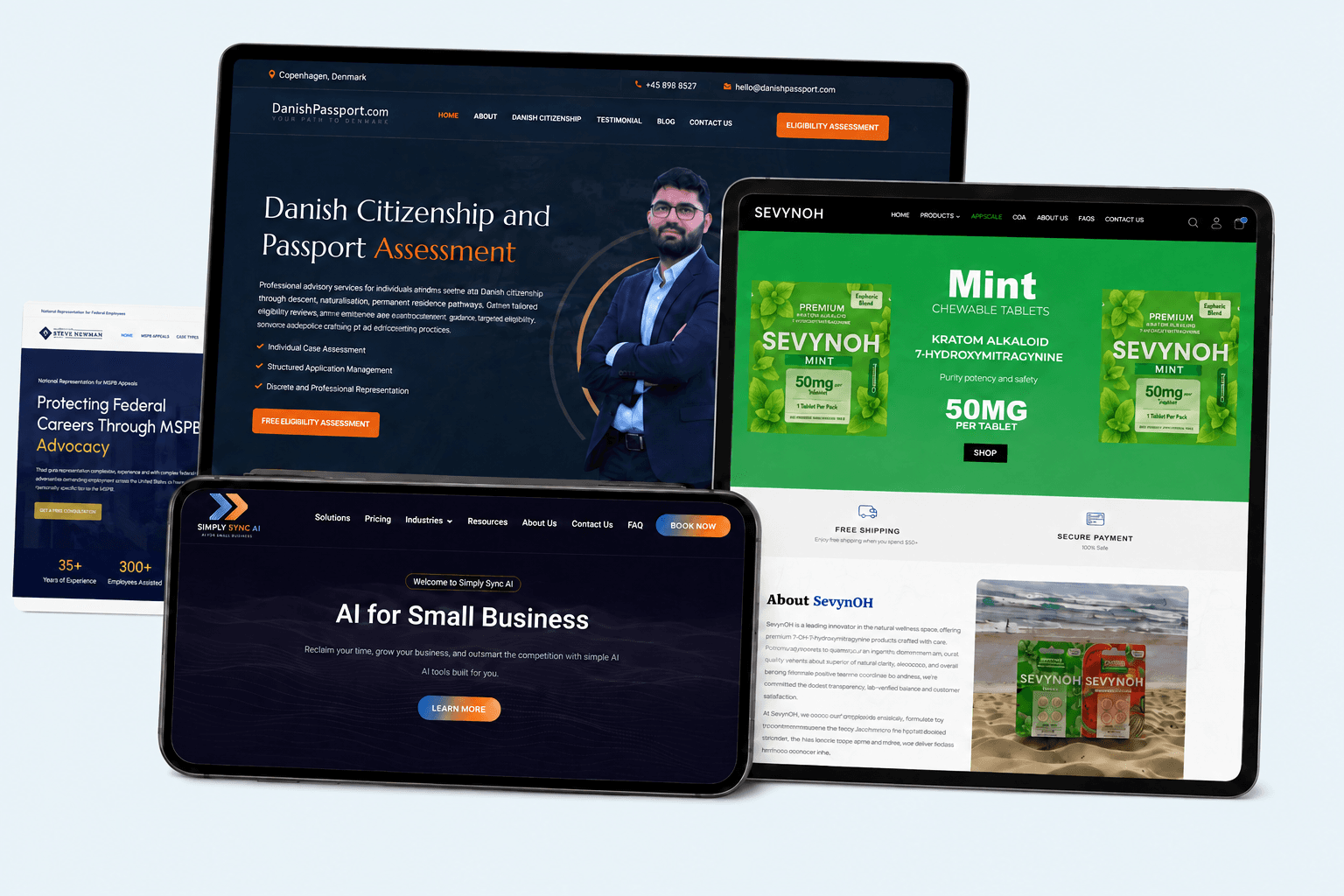 Danish Passport, MSPB Appeals, Sevynoh and SimplySync AI project interfaces displayed in desktop and tablet mockups