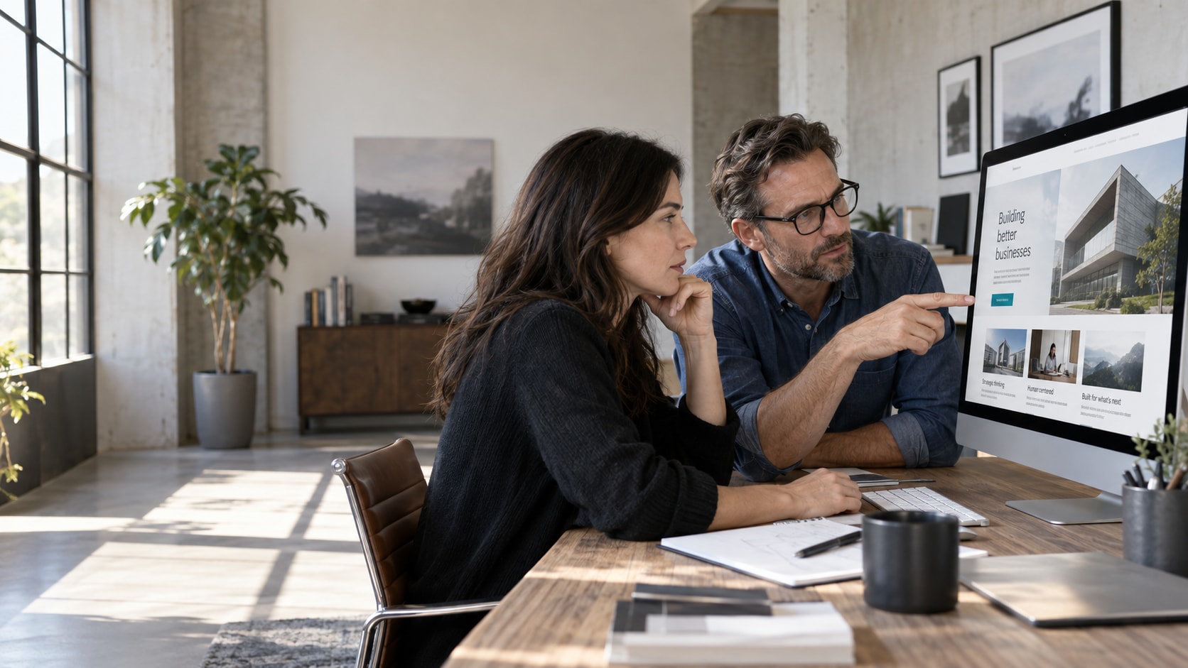 An experienced web product team reviewing a website in a modern digital studio