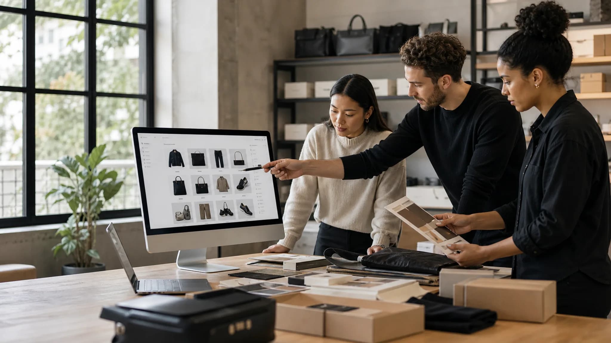 E-commerce brand team reviewing product discovery and merchandising on a modern online storefront