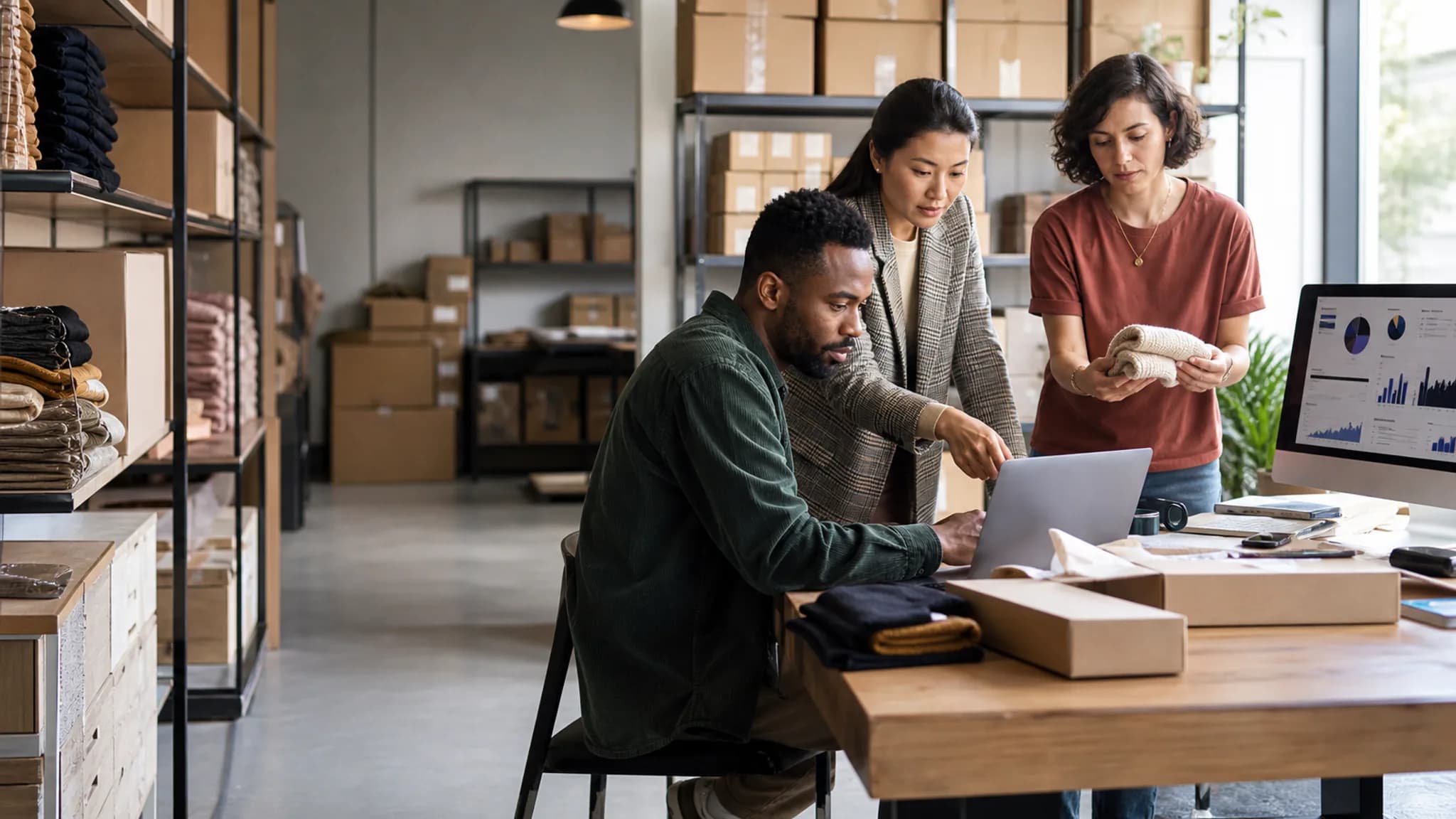An e-commerce operations team reviewing products, inventory and storefront performance in a modern fulfillment studio