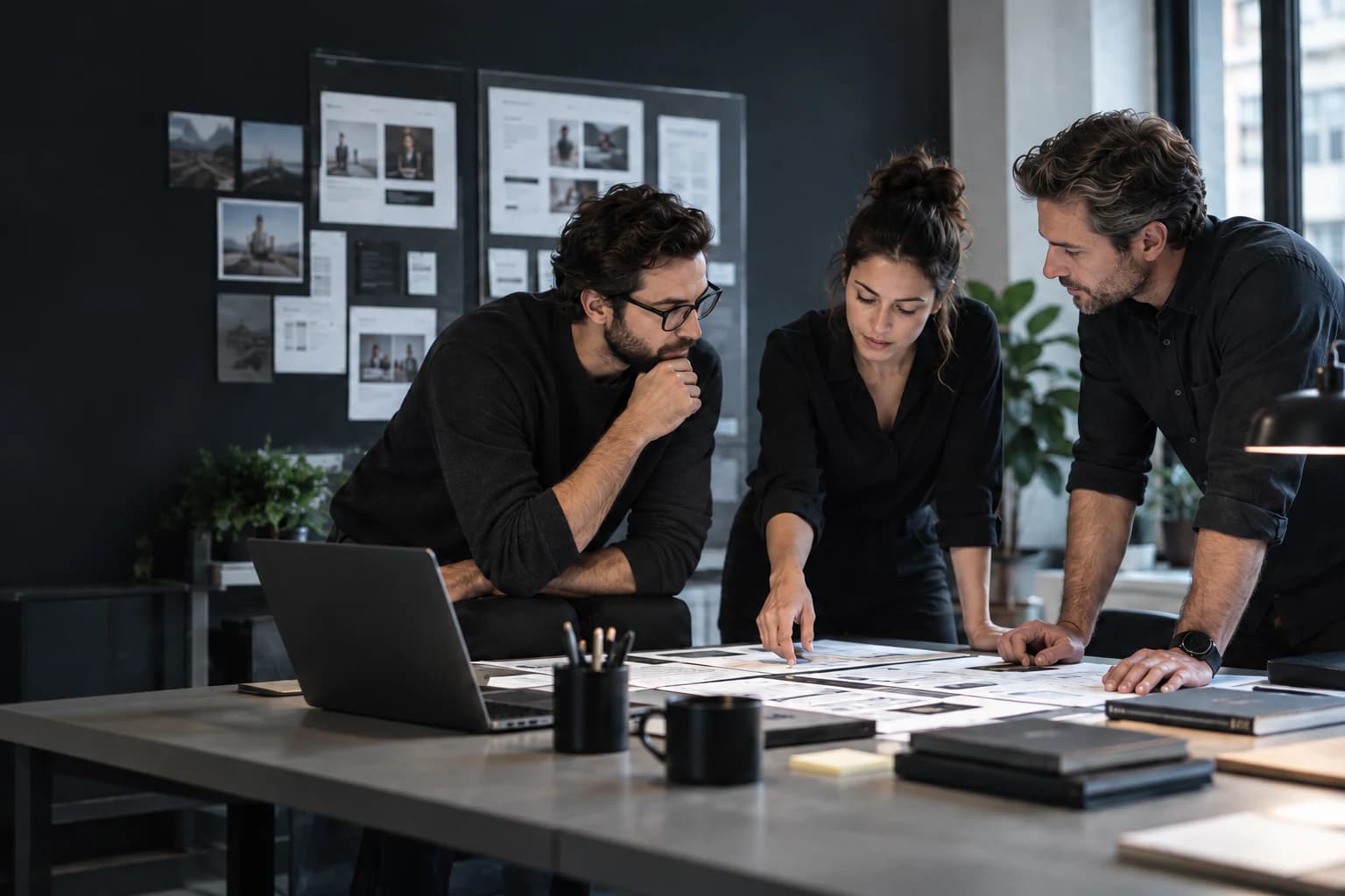 Agency leads and technical specialists reviewing client scope and interface quality together