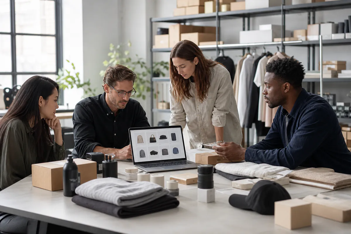 An e-commerce brand team reviewing products and an online storefront