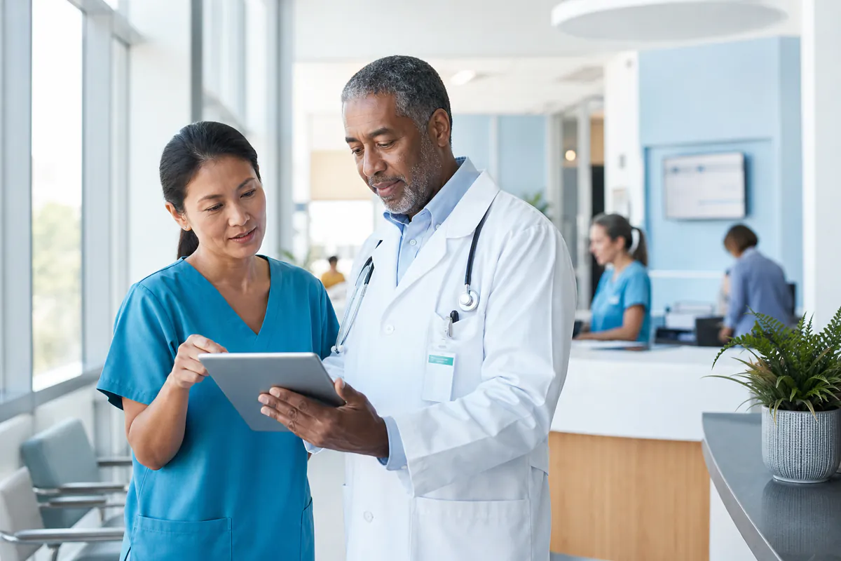 Healthcare professionals reviewing patient information on a tablet