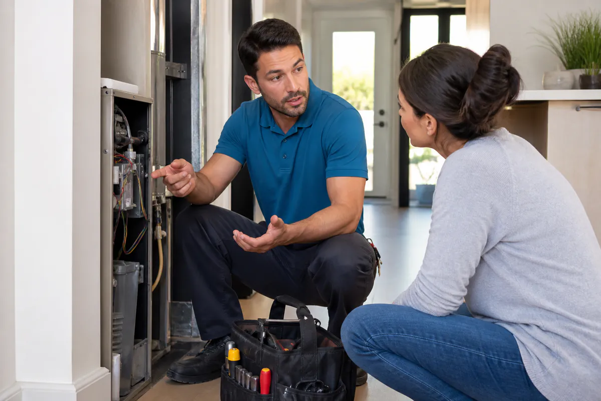 A home repair professional explaining equipment work to a customer