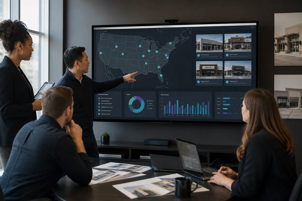 A franchise team reviewing multiple business locations and performance data