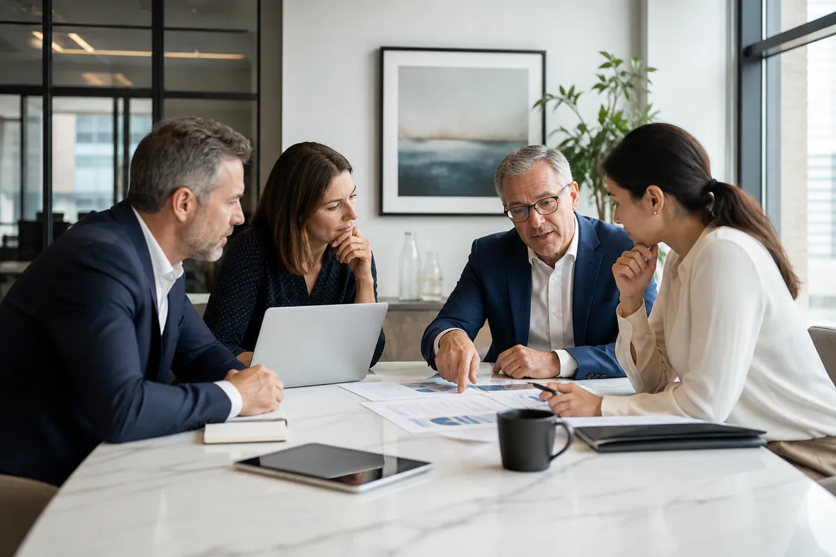 A professional services team reviewing strategy and client materials