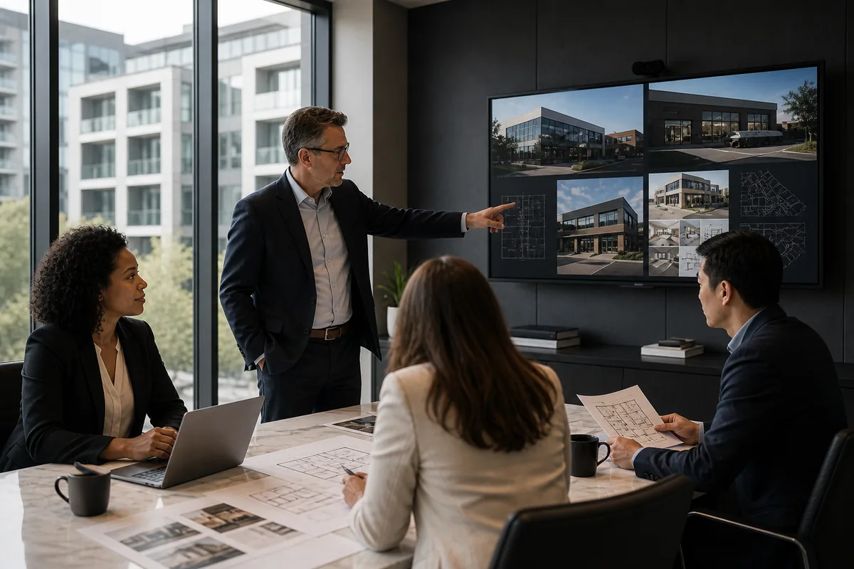 A real estate team reviewing commercial properties and architectural plans