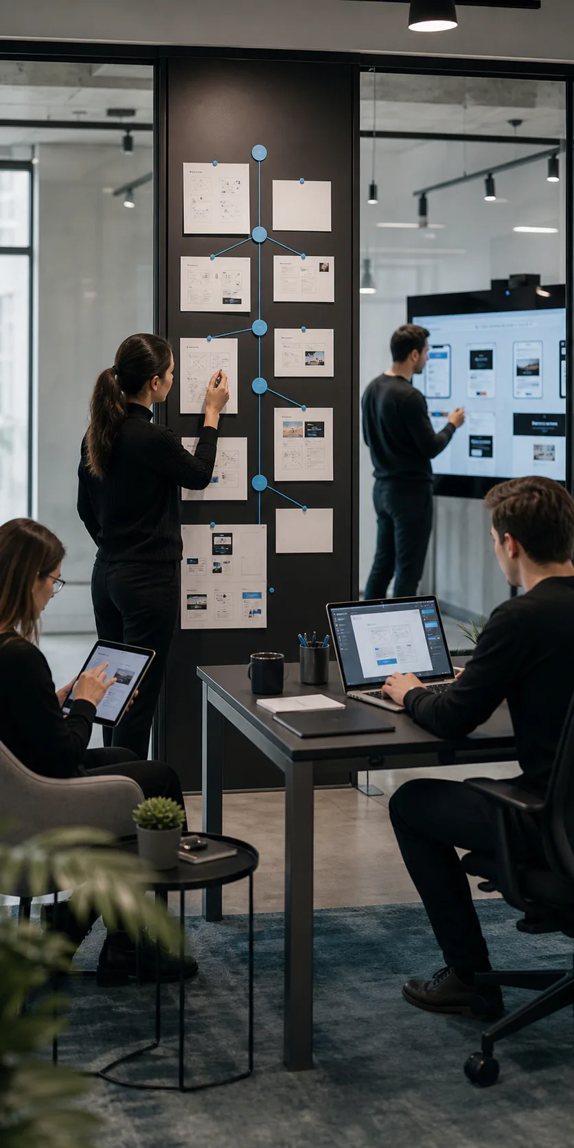 Digital agency team working through website planning, interface design, development and testing